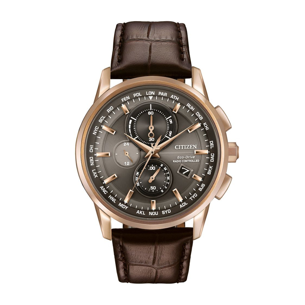 Citizen Men's World Chronograph Pink Gold-Tone Stainless Steel Watch with Gray Dial & Brown Leather Strap