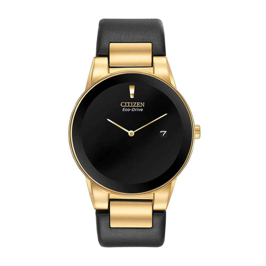 Citizen Men's Axiom Eco-Drive Gold-Tone Stainless Steel Watch with Black Dial & Leather Strap