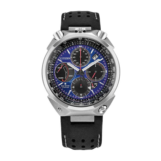 Citizen Men's Promaster Tsuno Chrono Racer Eco-Drive Stainless Steel Watch with Blue Dial & Black Leather Strap