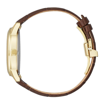 Citizen Men's Rolan Gold-Tone Stainless Steel Watch with Champagne Dial & Brown Leather Strap front view