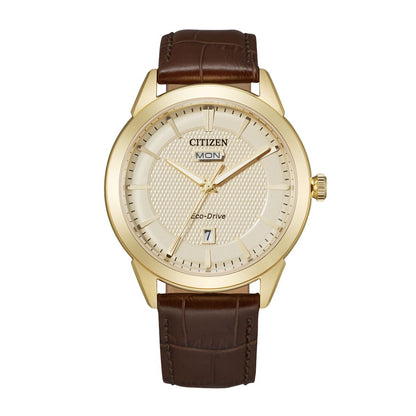 Citizen Men's Rolan Gold-Tone Stainless Steel Watch with Champagne Dial & Brown Leather Strap
