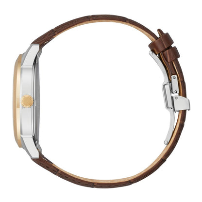 Citizen Men's Rolan Two-Tone Pink & White Stainless Steel Watch with Blue Dial & Brown Leather Strap front view