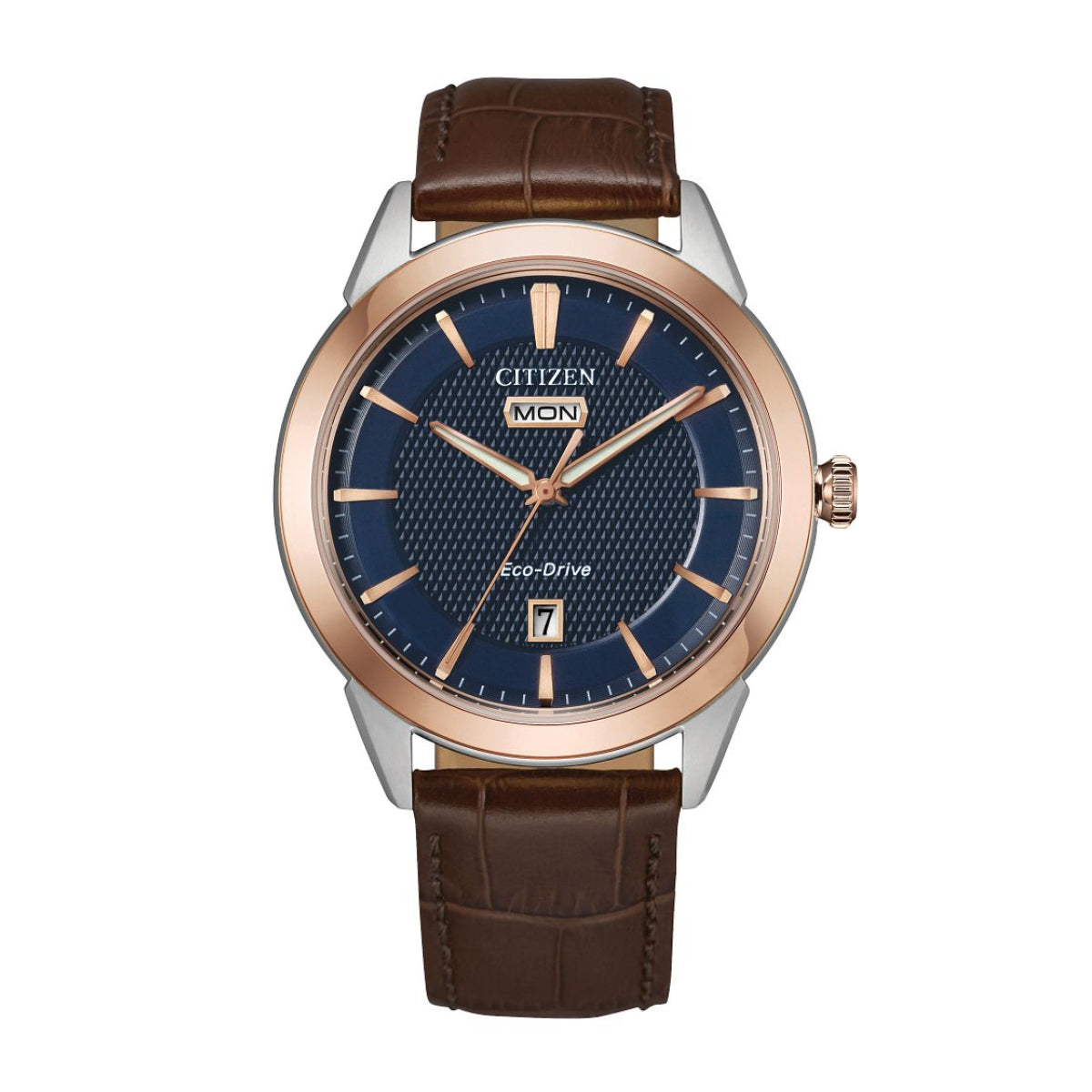 Citizen Men's Rolan Two-Tone Pink & White Stainless Steel Watch with Blue Dial & Brown Leather Strap