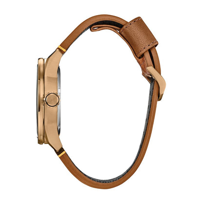 Citizen Men's Avion Pink Gold-Tone Stainless Steel Watch with Black Dial & Brown Leather Strap front view