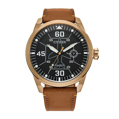 Citizen Men's Avion Pink Gold-Tone Stainless Steel Watch with Black Dial & Brown Leather Strap