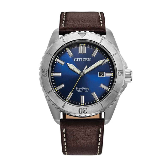 Citizen Men's Brycen Eco-Drive Titanium Watch with Blue Dial & Brown Leather Strap