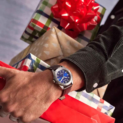 Citizen Men's Brycen Eco-Drive Titanium Watch with Blue Dial & Brown Leather Strap close-up detail