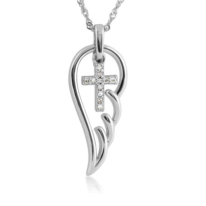 Diamond Cross Angel Wing Pendant in Sterling Silver