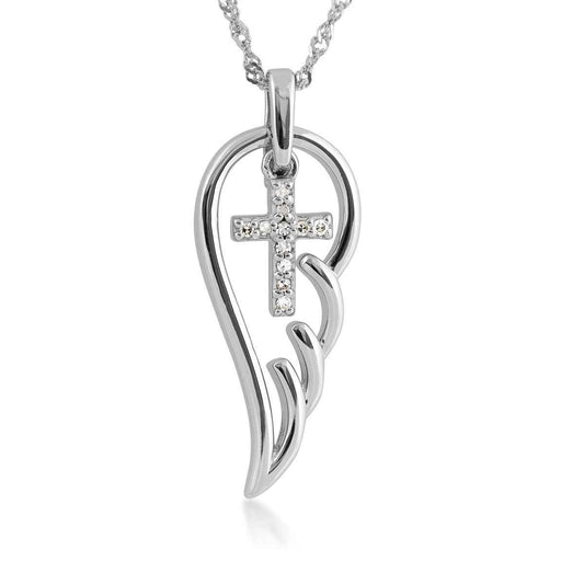 Diamond Cross Angel Wing Pendant in Sterling Silver