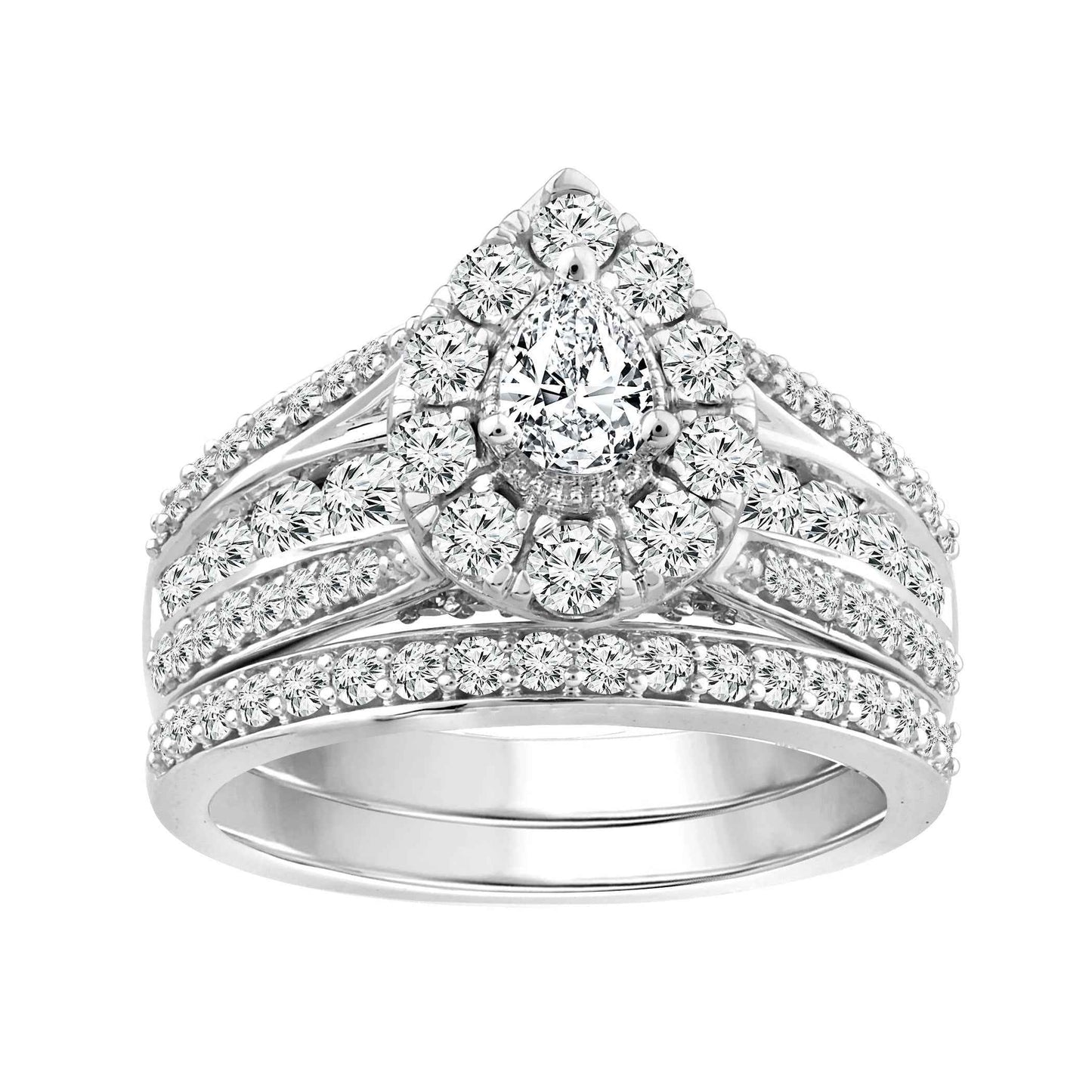 Natural 1-1/2 ct. tw. Pear Diamond Halo Multi Row Wedding Set in 10K White Gold