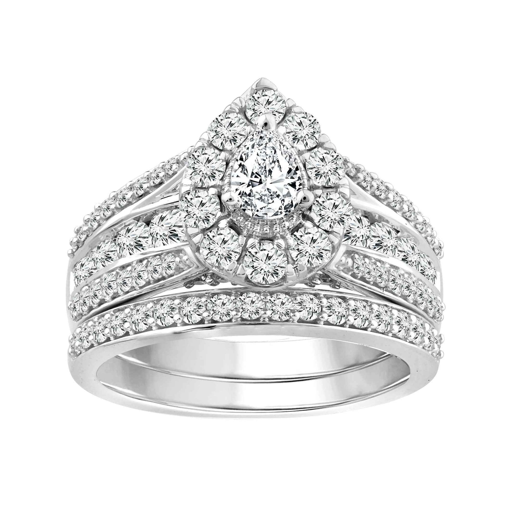 Natural 1-1/2 ct. tw. Pear Diamond Halo Multi Row Wedding Set in 10K White Gold