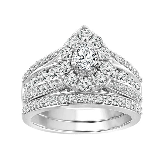 Natural 1-1/2 ct. tw. Pear Diamond Halo Multi Row Wedding Set in 10K White Gold