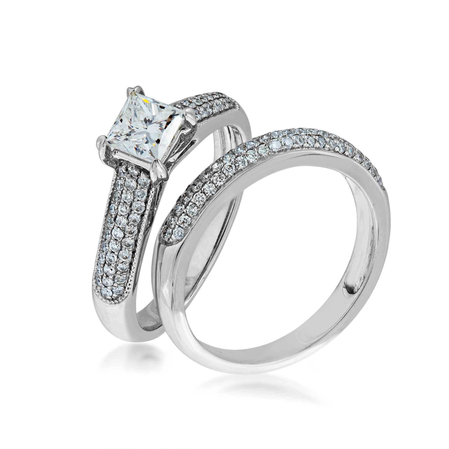Timeless Collection 1-1/4 ct. tw. Princess Cut Wedding Set with Pave Bands in 14K White Gold close-up detail