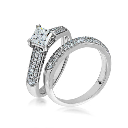Timeless Collection 1-1/4 ct. tw. Princess Cut Wedding Set with Pave Bands in 14K White Gold close-up detail