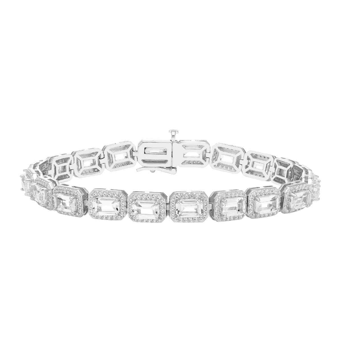 Created Emerald Cut White Sapphire Halo Bracelet in Sterling Silver