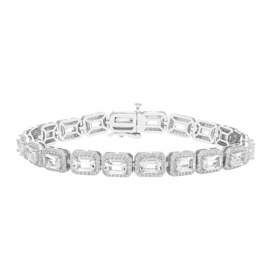 Created Emerald Cut White Sapphire Halo Bracelet in Sterling Silver