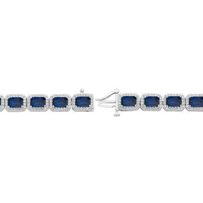 Created Emerald Cut Blue & White Sapphire Halo Bracelet in Sterling Silver front view