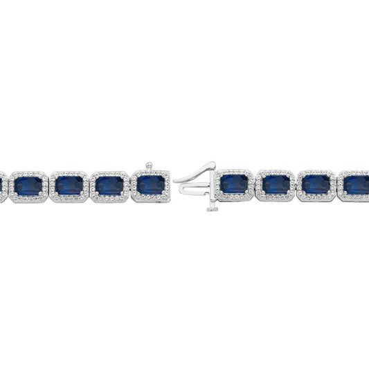 Created Emerald Cut Blue & White Sapphire Halo Bracelet in Sterling Silver front view