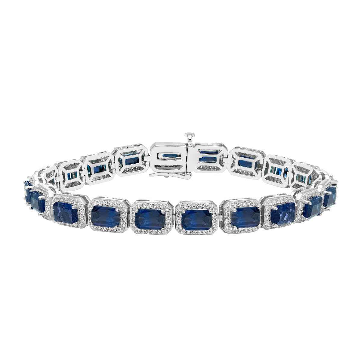 Created Emerald Cut Blue & White Sapphire Halo Bracelet in Sterling Silver