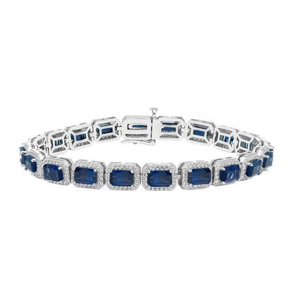 Created Emerald Cut Blue & White Sapphire Halo Bracelet in Sterling Silver