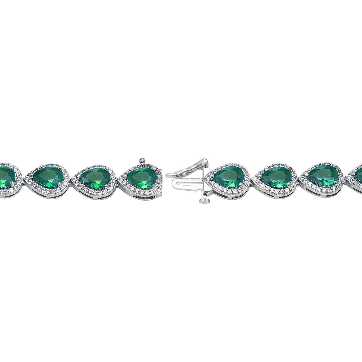 Created Pear Emerald & White Sapphire Halo Bracelet in Sterling Silver front view