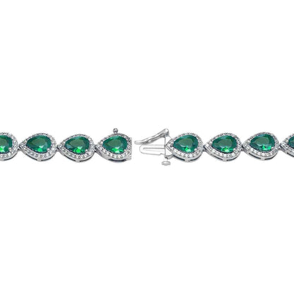Created Pear Emerald & White Sapphire Halo Bracelet in Sterling Silver front view