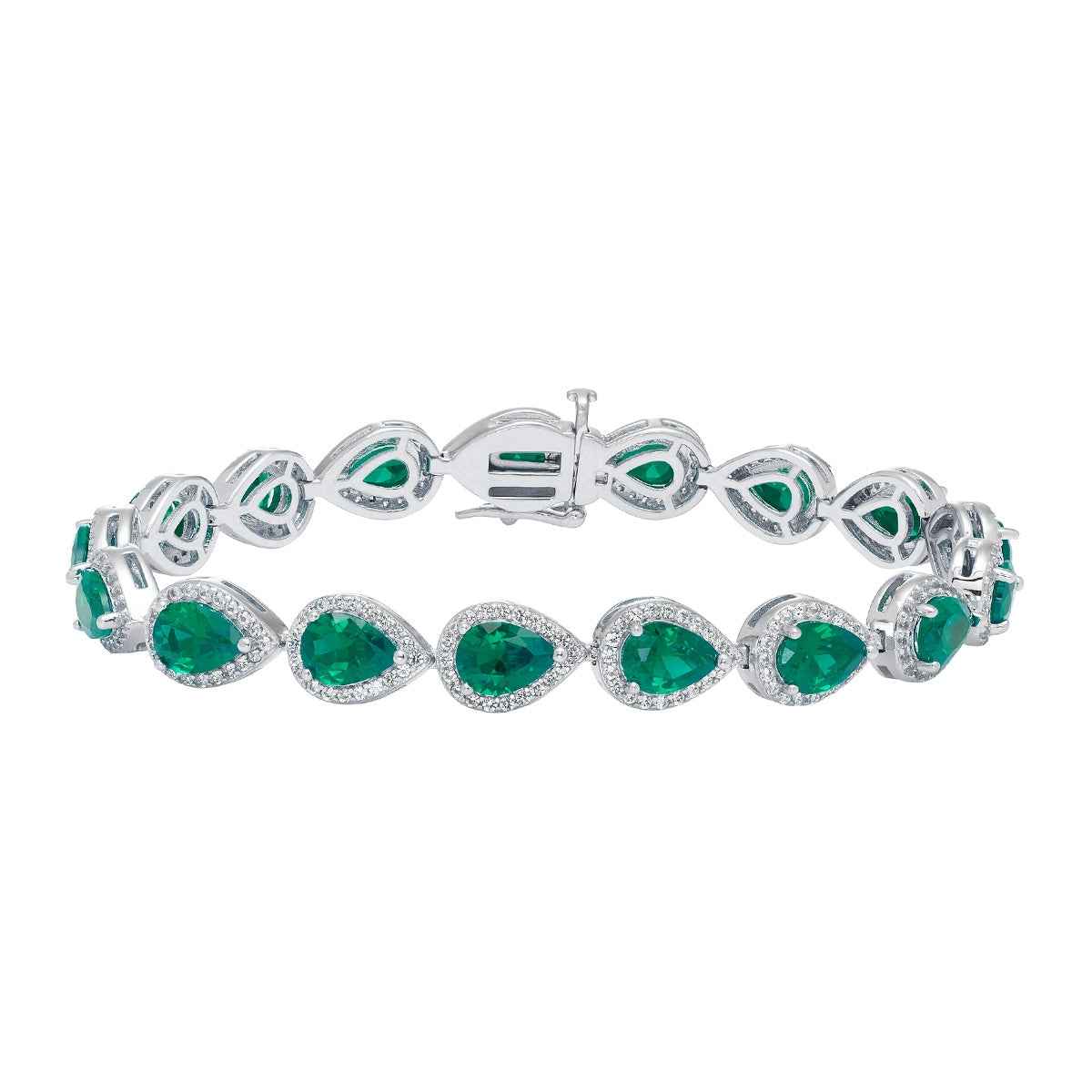 Created Pear Emerald & White Sapphire Halo Bracelet in Sterling Silver