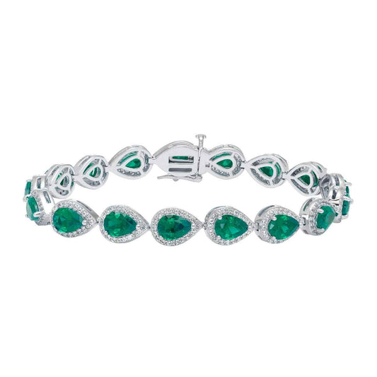 Created Pear Emerald & White Sapphire Halo Bracelet in Sterling Silver