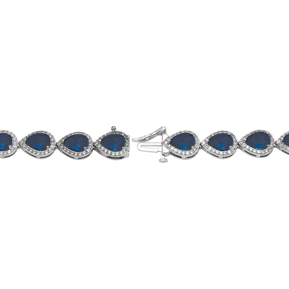 Created Pear Blue & White Sapphire Halo Bracelet in Sterling Silver front view