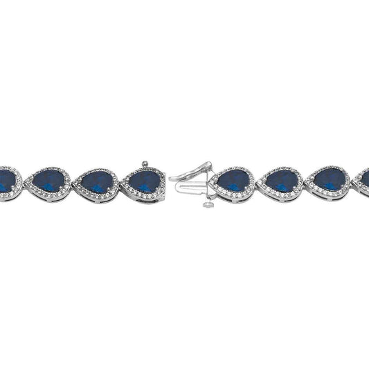 Created Pear Blue & White Sapphire Halo Bracelet in Sterling Silver front view