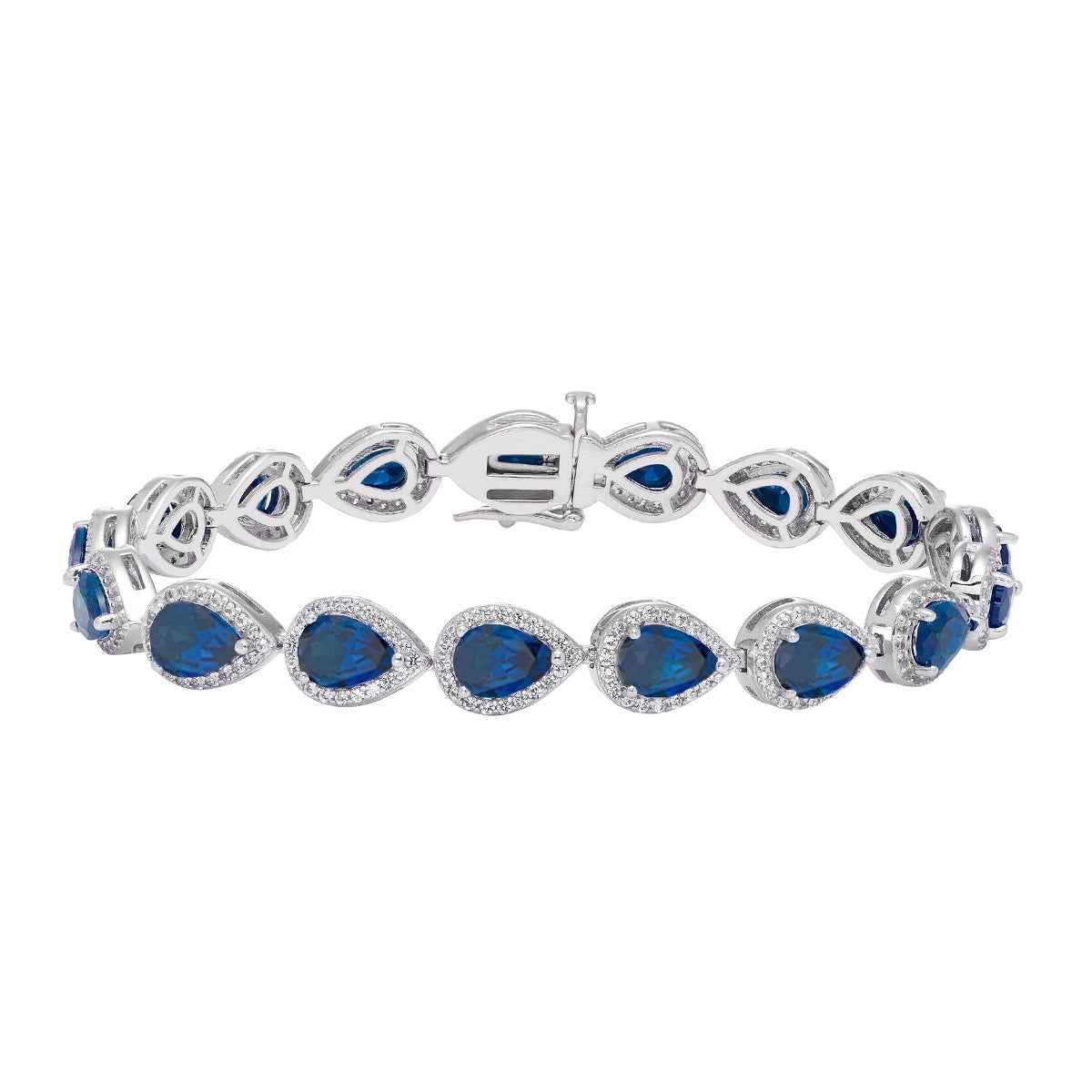 Created Pear Blue & White Sapphire Halo Bracelet in Sterling Silver