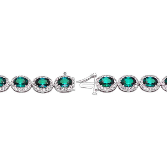Created Oval Emerald & White Sapphire Halo Bracelet in Sterling Silver front view