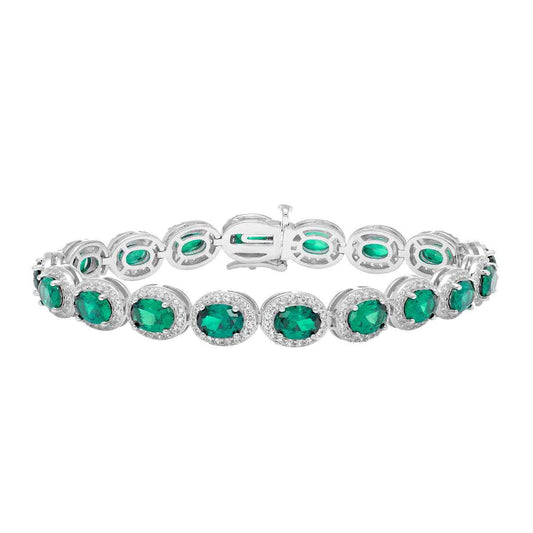 Created Oval Emerald & White Sapphire Halo Bracelet in Sterling Silver