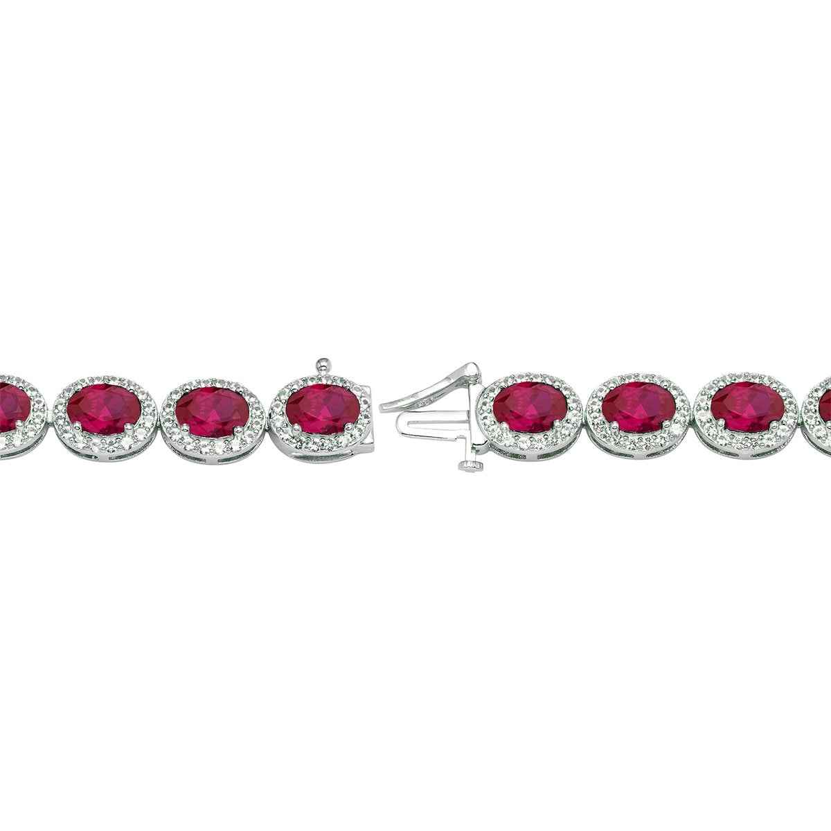 Created Oval Ruby & White Sapphire Halo Bracelet in Sterling Silver front view