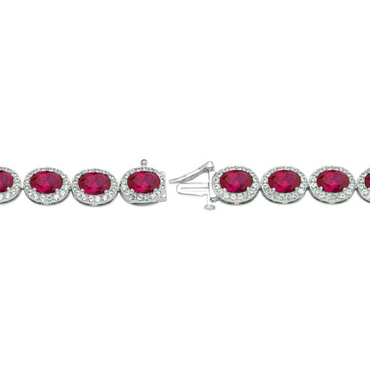 Created Oval Ruby & White Sapphire Halo Bracelet in Sterling Silver front view