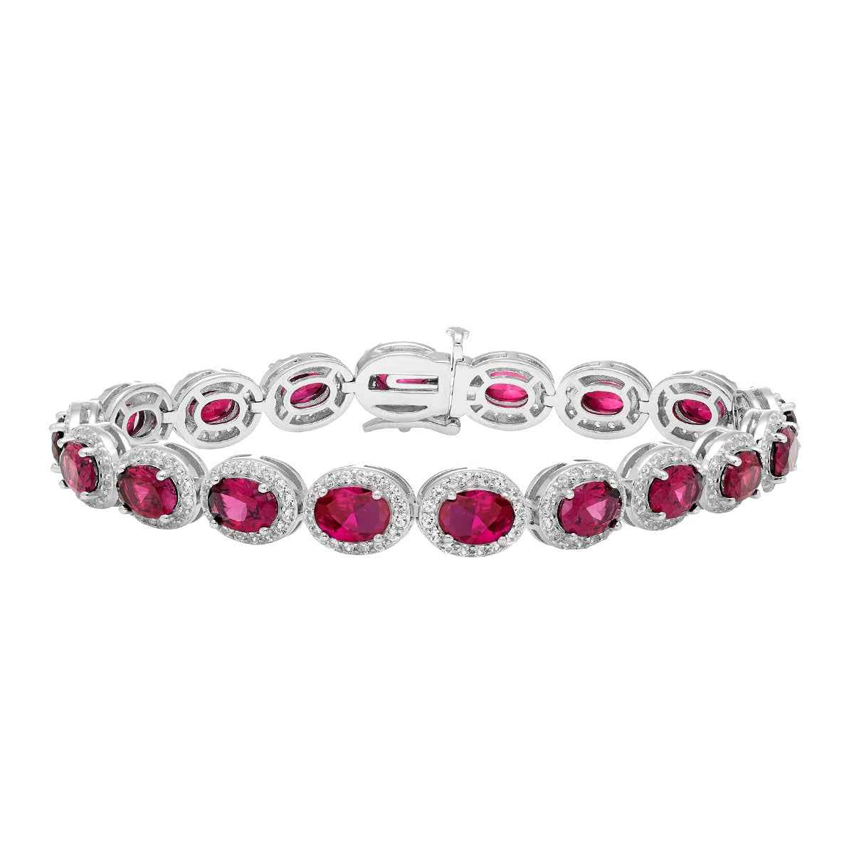 Created Oval Ruby & White Sapphire Halo Bracelet in Sterling Silver