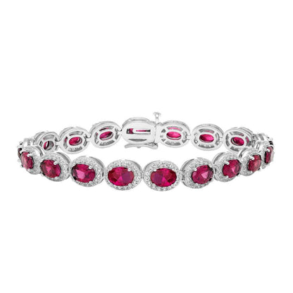 Created Oval Ruby & White Sapphire Halo Bracelet in Sterling Silver