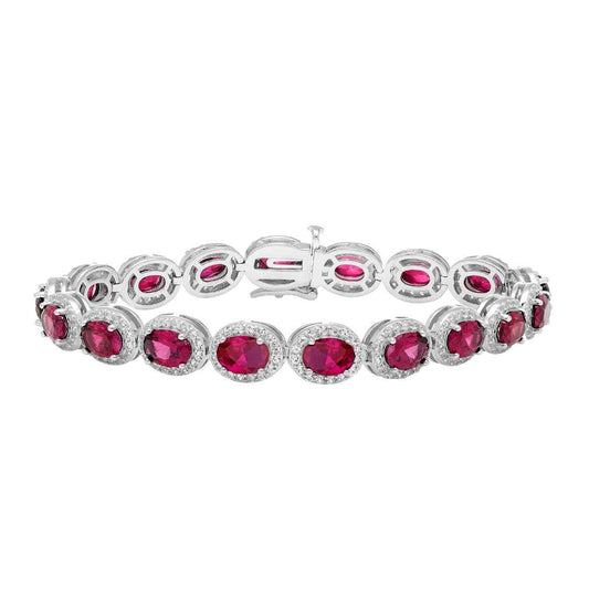 Created Oval Ruby & White Sapphire Halo Bracelet in Sterling Silver