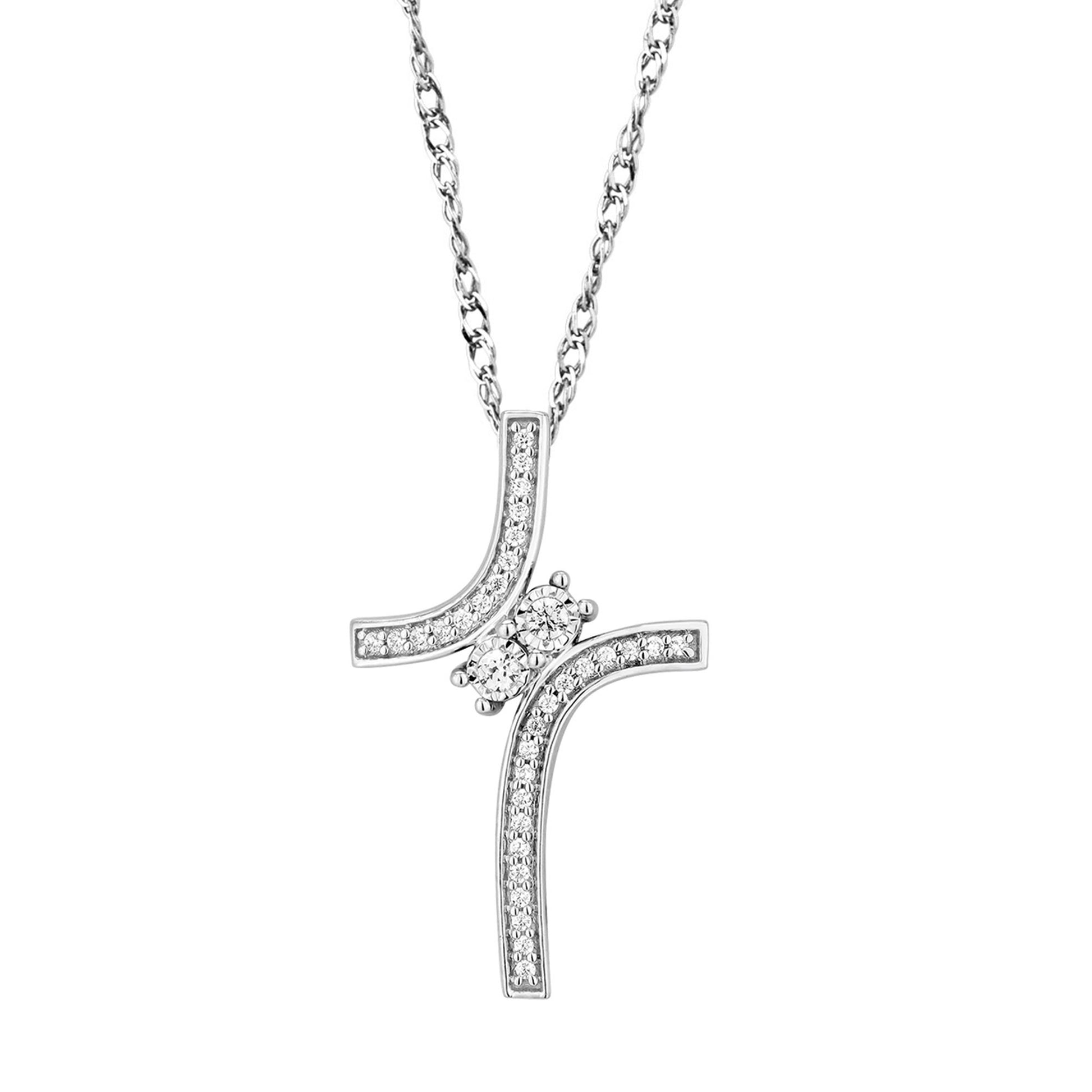 2BeLoved 1/5 ct. tw 2 Stone Round Diamond with Miracle Plating Cross Pendant in 10K White Gold