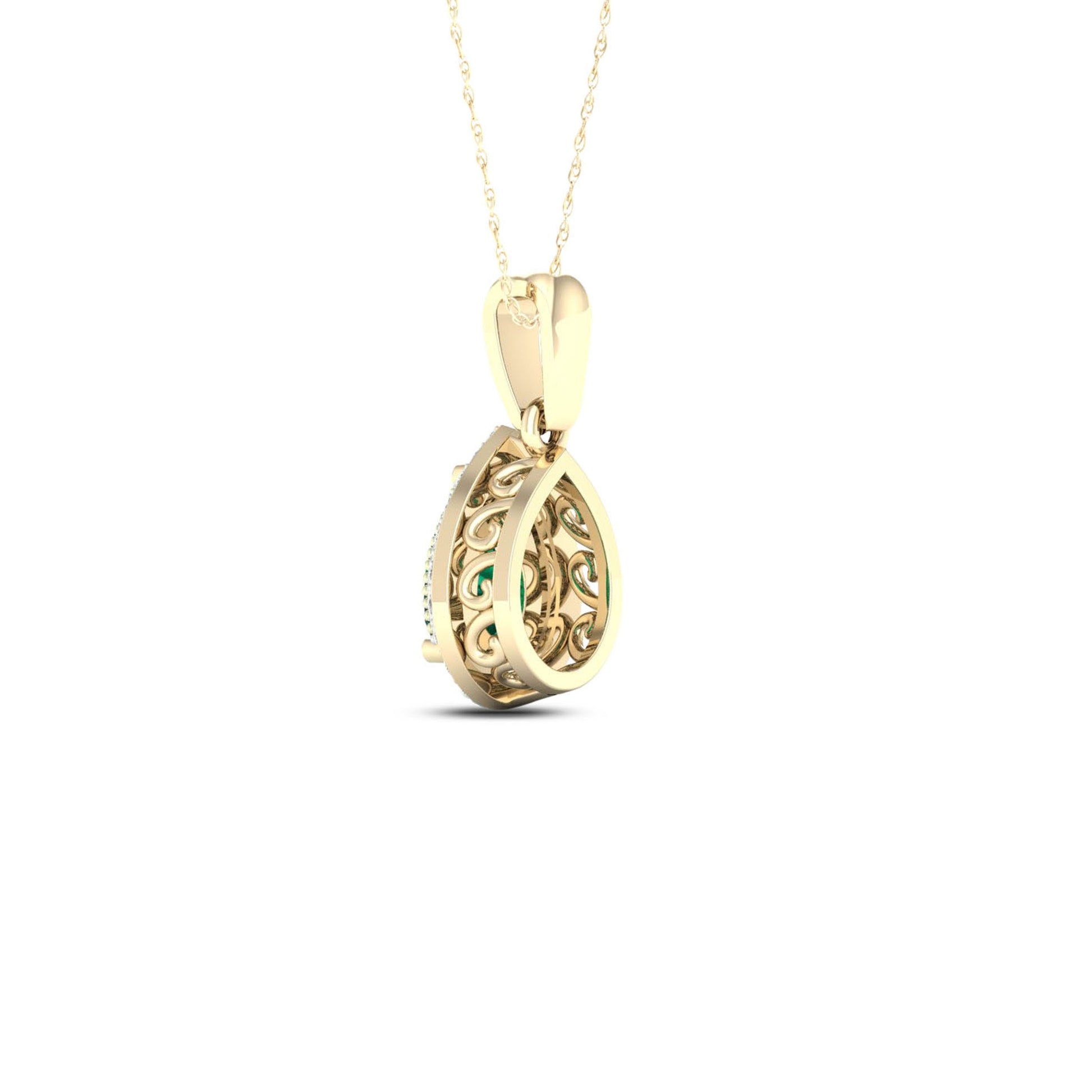 Pear Emerald and Diamond Accent Halo Pendant with Milgrain and Filigree Design in 10K Yellow Gold close-up detail