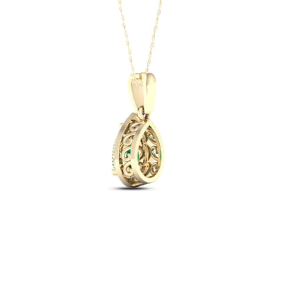 Pear Emerald and Diamond Accent Halo Pendant with Milgrain and Filigree Design in 10K Yellow Gold close-up detail