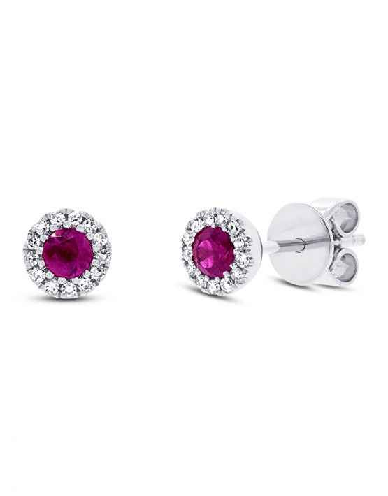 Shy Creation Ruby & 1/15 ct. tw. Halo Stud Earrings in 14K White Gold