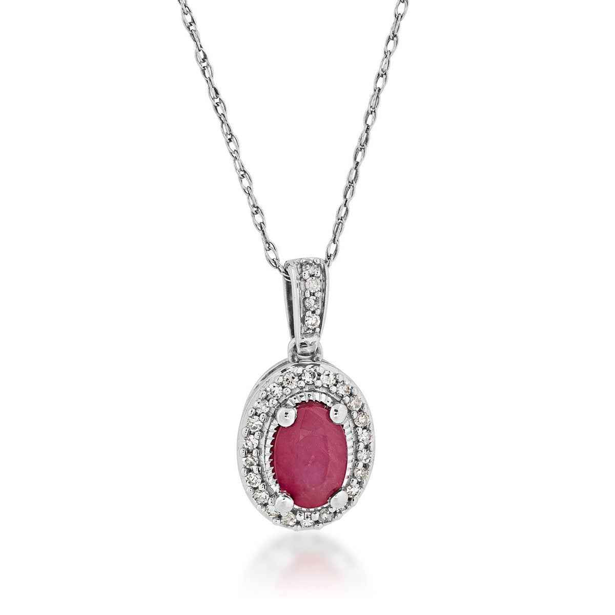Genuine Oval Ruby Pendant with .08 ct. tw. Diamond Halo & Bail with Milgrain Edging in 10K White Gold