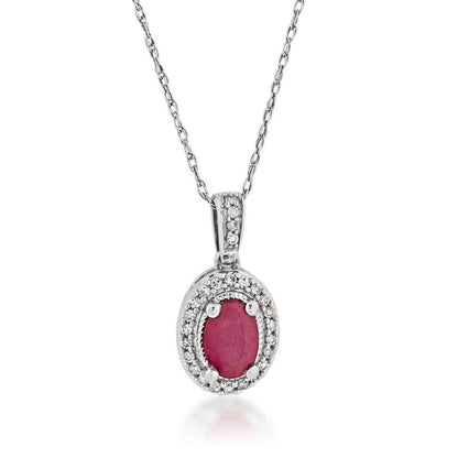 Genuine Oval Ruby Pendant with .08 ct. tw. Diamond Halo & Bail with Milgrain Edging in 10K White Gold
