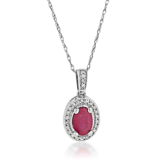 Genuine Oval Ruby Pendant with .08 ct. tw. Diamond Halo & Bail with Milgrain Edging in 10K White Gold