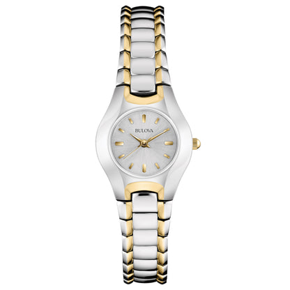 Bulova Classic Collection Ladies' White Dial with Curved Crystal with Metallized Rim in Two-Tone Stainless Steel