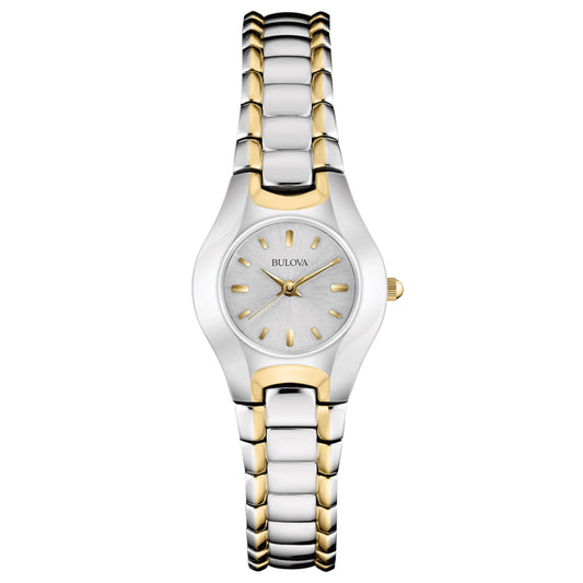 Bulova Classic Collection Ladies' White Dial with Curved Crystal with Metallized Rim in Two-Tone Stainless Steel