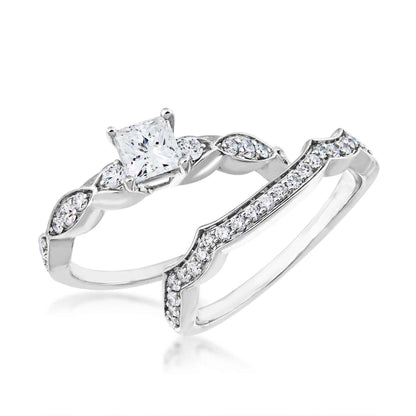 Noventa 1 ct. tw. Princess Cut Diamond Wedding Set with Vintage Inspired Band in 14K White Gold