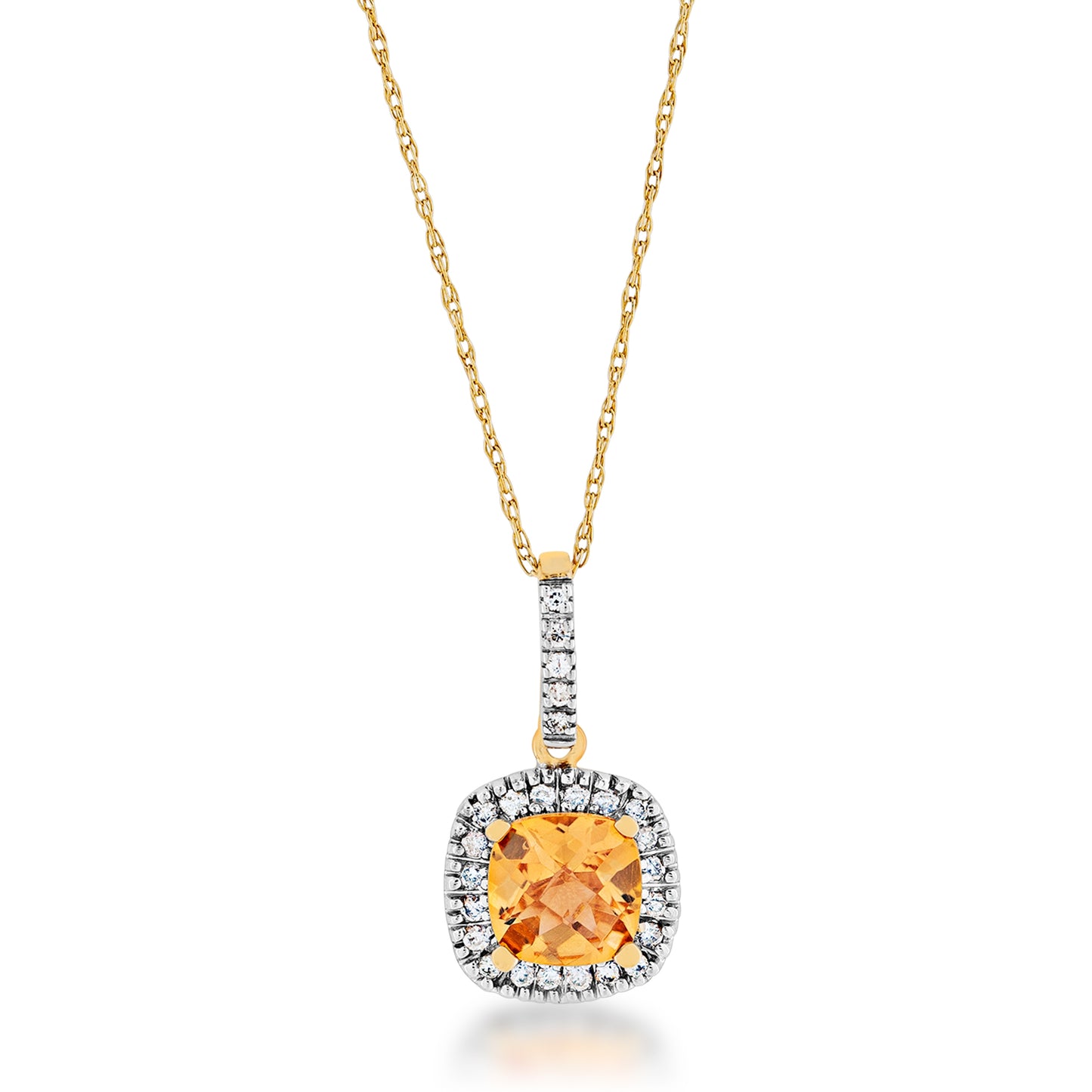 Genuine Cushion Cut Citrine Pendant with 1/10 ct. tw. Diamond Halo in 10K Yellow Gold