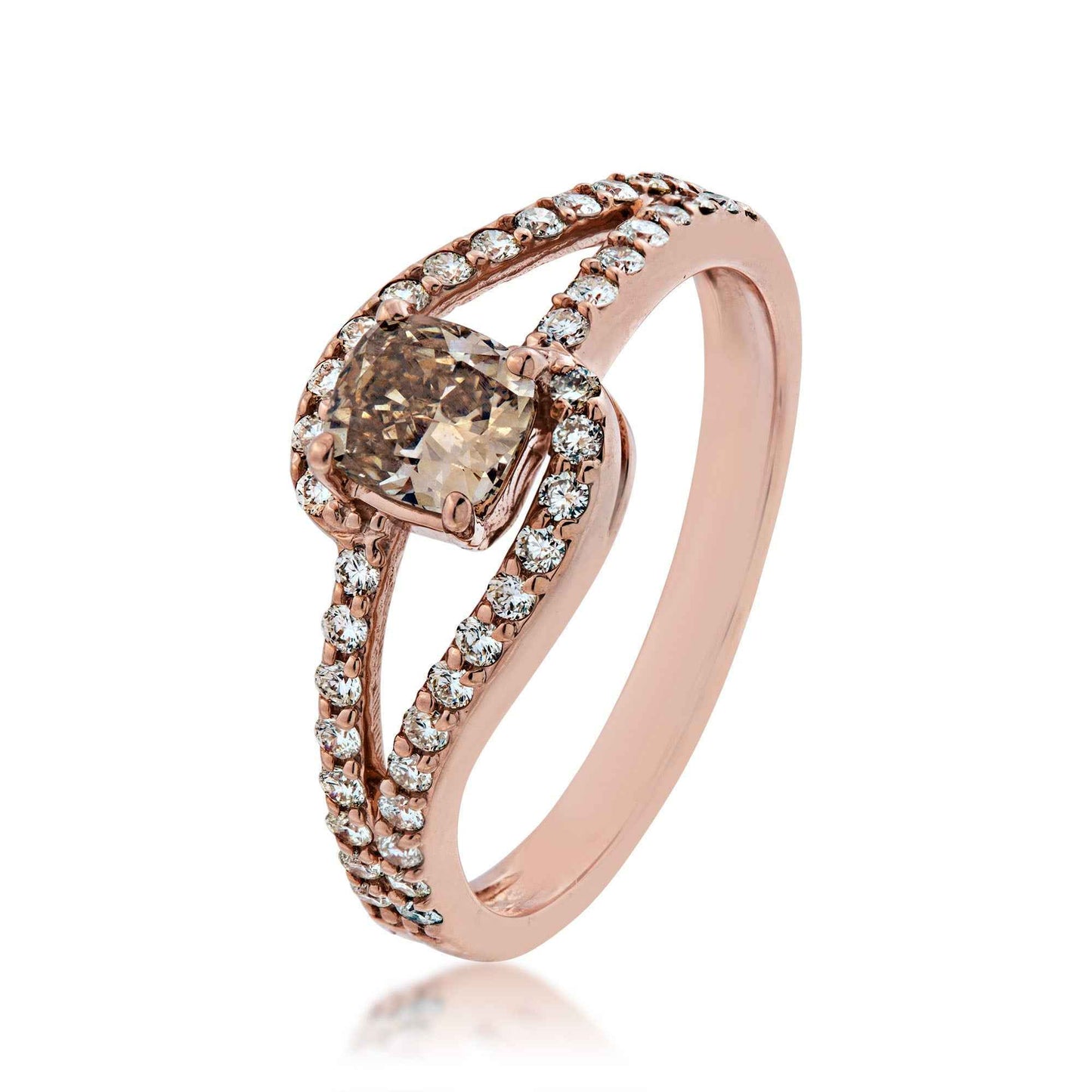 Mocha Lux 7/8 ct. tw. Cushion Mocha & White Diamond Bypass Split Shank Engagement Ring in 14K Pink Gold front view